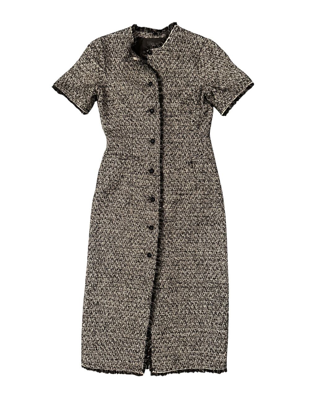 Zara Tweed Midi Dress Black White Boucle Fringe Button Front Size S